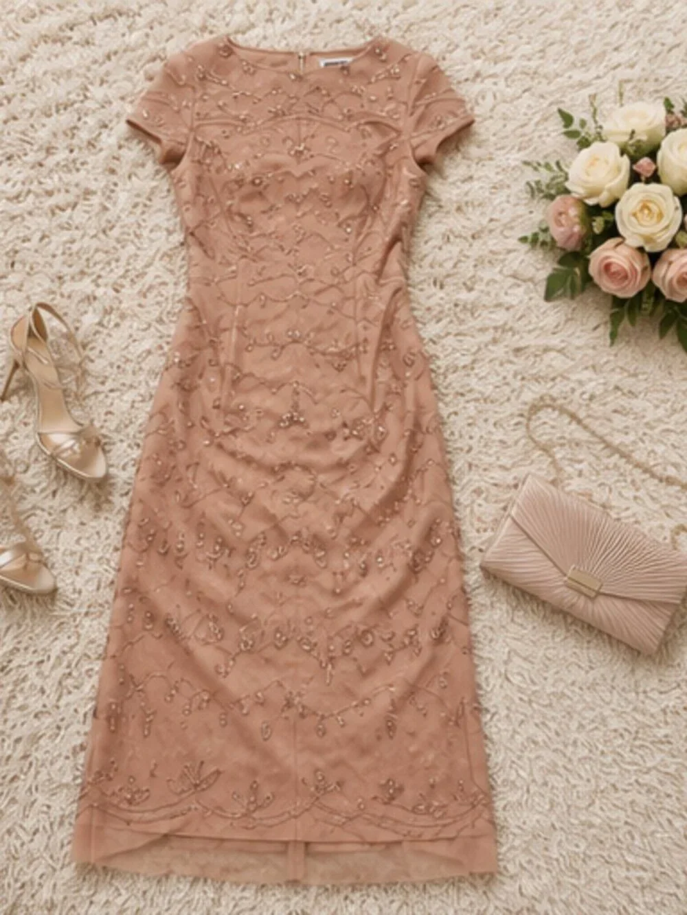 Adrianna Papell Boat-Neck Beaded Midi Dress Rose Gold Size 8 NWT